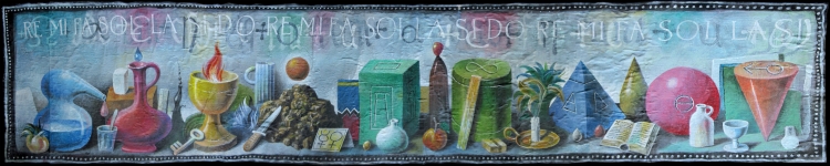 "RE MI FA SOL LA SI DO RE MI FA SOL LA SI DO RE MI FA SOL LA SI", olej, płótno, 59x313cm